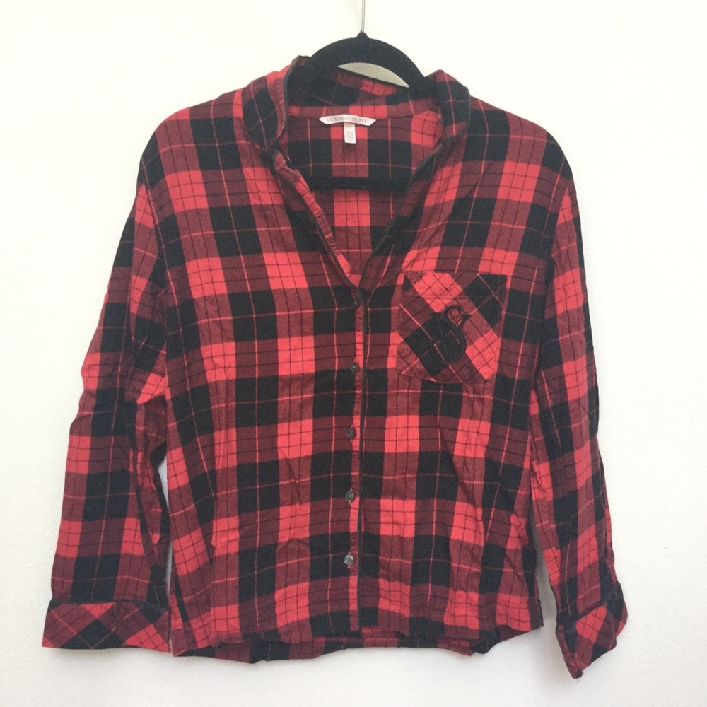 Victoria's Red, Black Plaid Button Down Long Sleeve Cotton Pajama Top Size XS